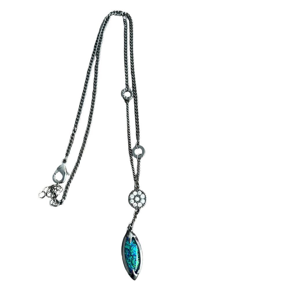 Long Dichroic Peacock Blue Shimmery Pendant Necklace on Silver Adjustable Chain